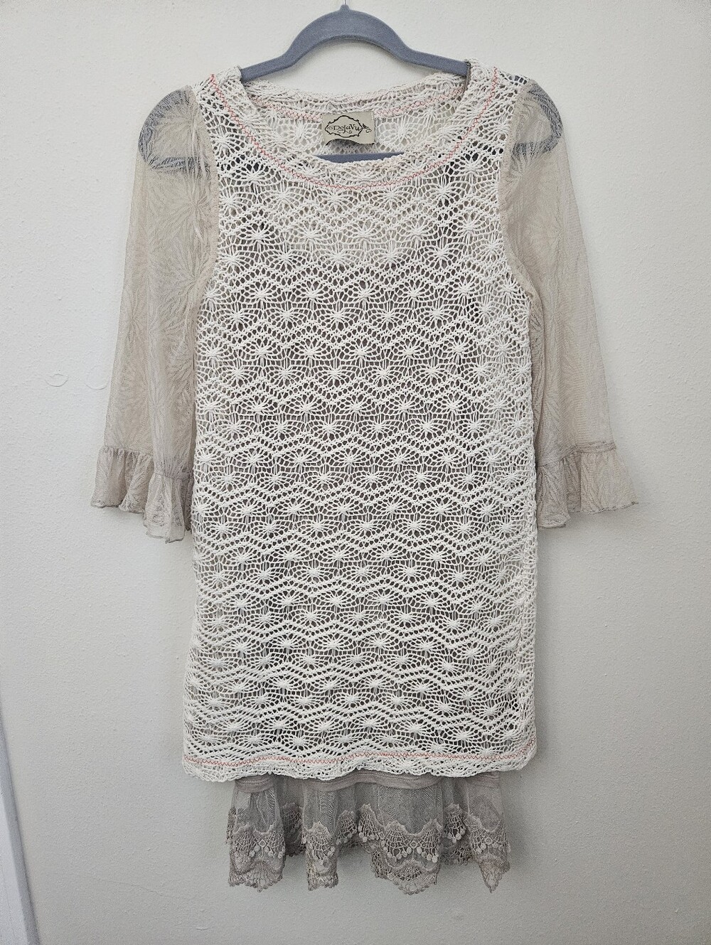 DejaVu Crochet Overlay Dress with Lace Slip - Cream & Taupe
